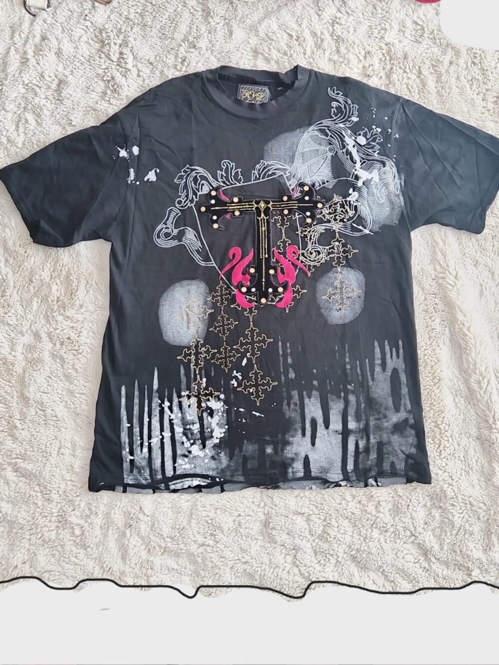 Vintage KVL Luxury Couture Shirt Y2K Graphic Cross Rhinestone Studs Size M